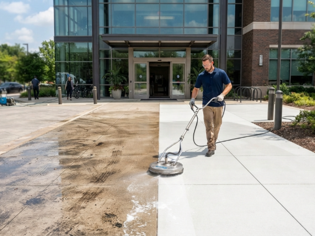 Commercial exterior cleaning in progress — a technician surface-cleaning the concrete walkway in front of a glass and brick office building