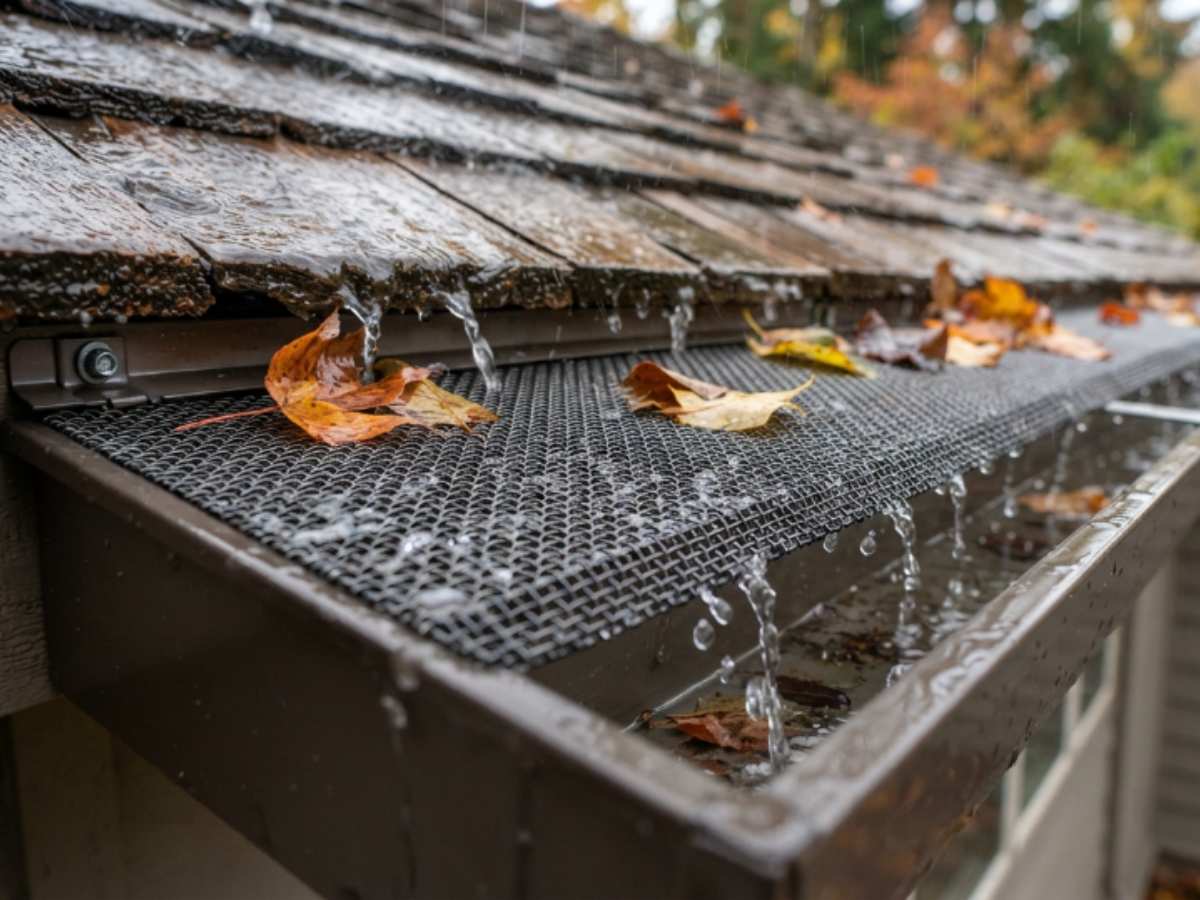 Gutter guards filtering autumn leaves while rainwater flows into a residential gutter