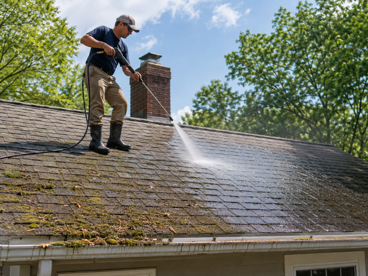 Professional cleaning moss and debris from a residential shingle roof