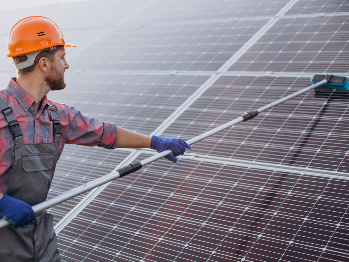 Professional using a soft-brush pole system to clean a large solar panel array