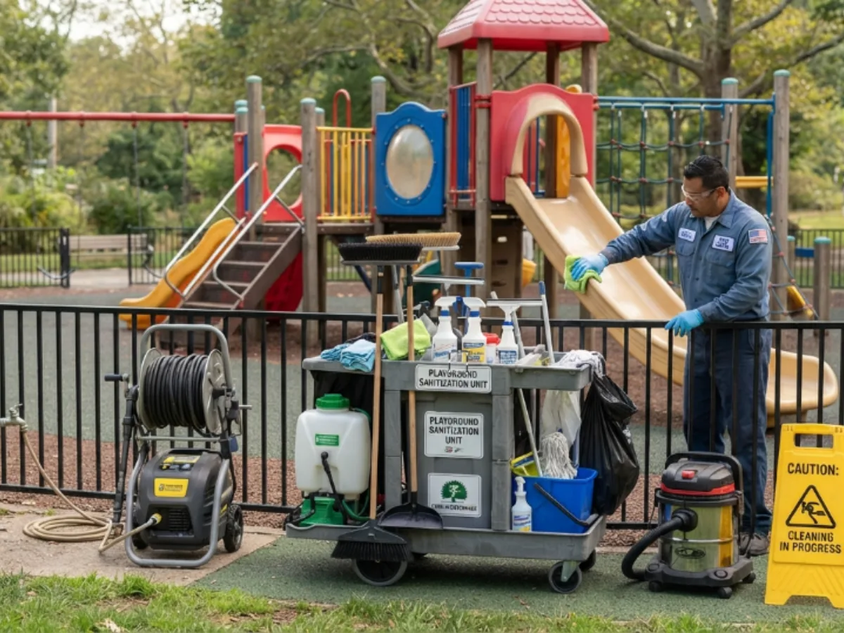 Exterior cleaning professional preparing to clean colorful outdoor playground equipment