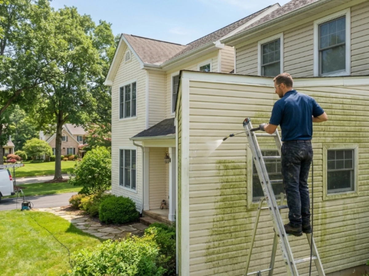 Professional house washing a two-story home with siding, showing a technician cleaning exterior walls with a pressure washer